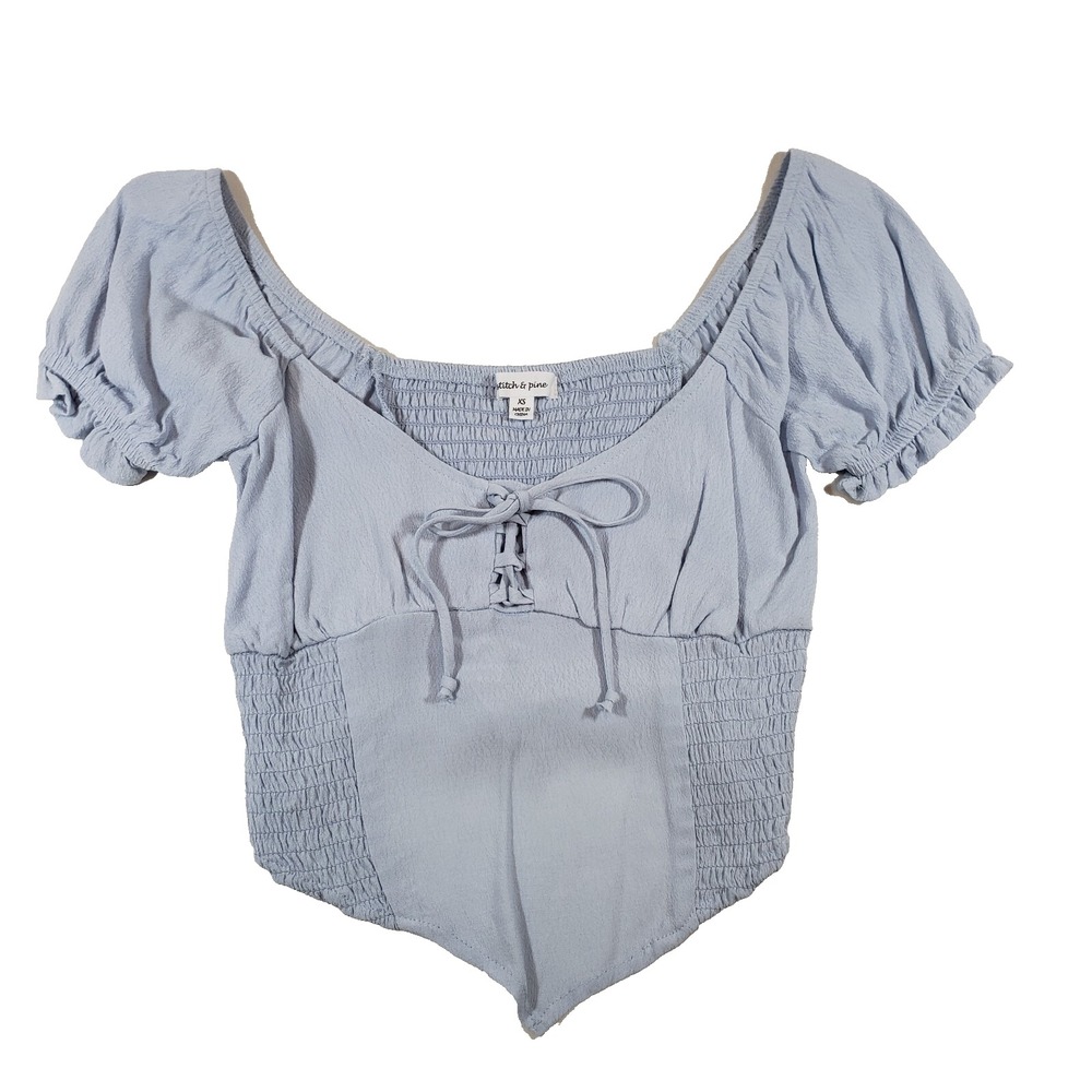 Stitch & Pine Blouse Womens XS Light Blue Short Sleeve Tie Neck‎ Elastic Waist
